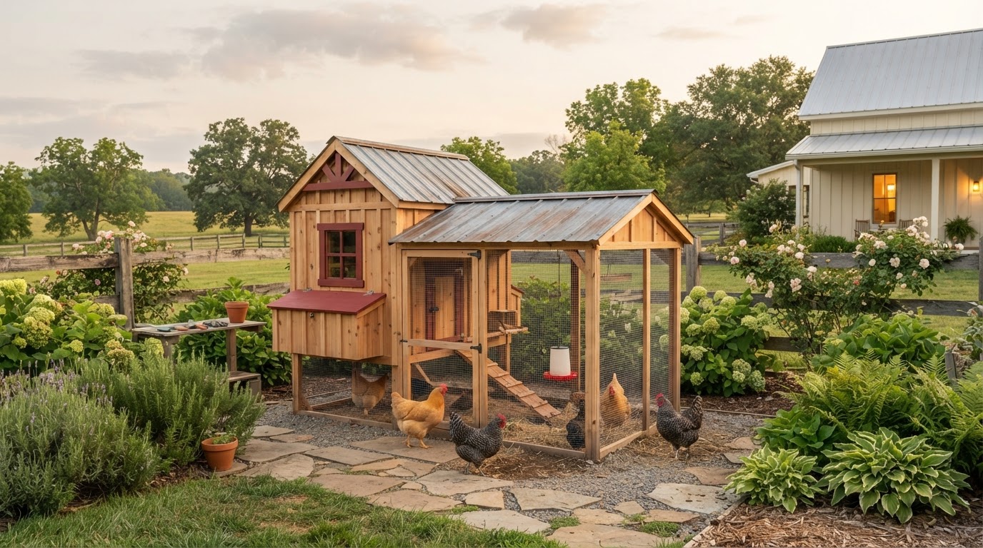 A rustic modern backyard chicken coop at golden hour