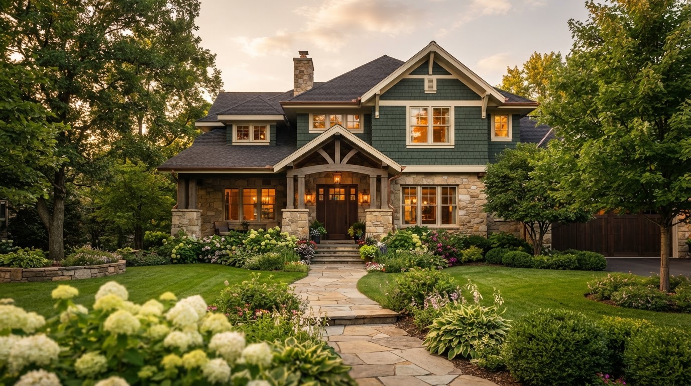 A well-kept stone and craftsman home at golden hour — the kind of property StoneKey Equity buys directly from sellers.