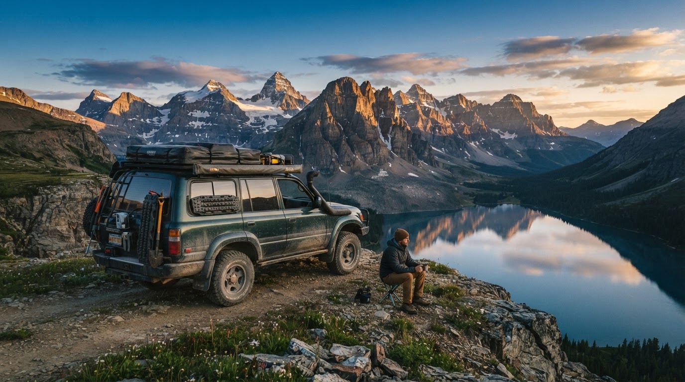 Mountains and lake at golden sunrise
