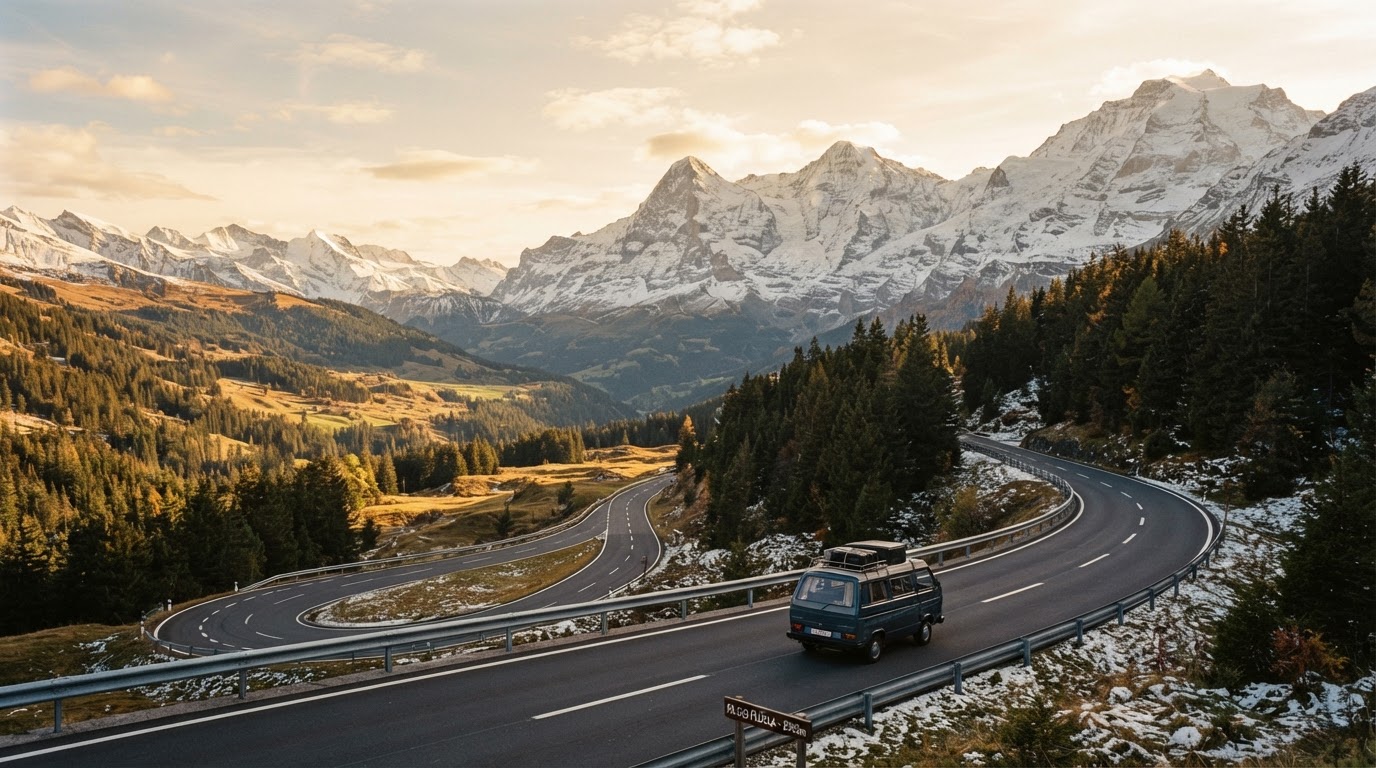 Alpine mountain landscape with pine trees and open road