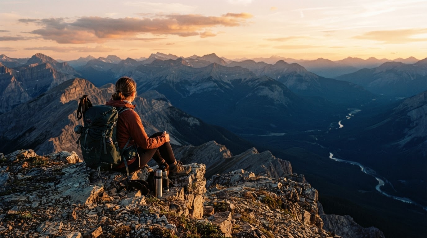 Adventurer resting on ridge overlooking mountain layers at sunset