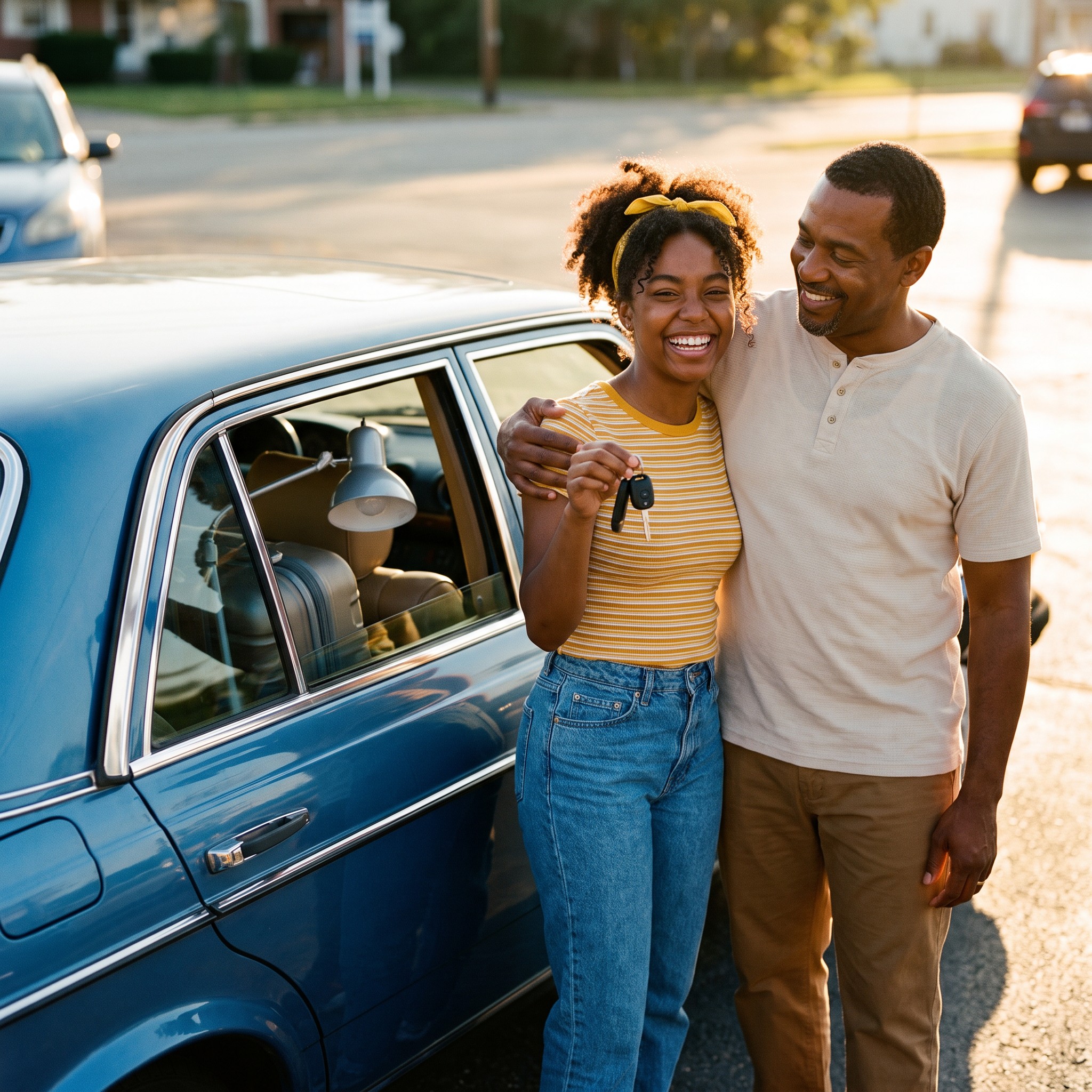 Sally holds up her first car keys next to her dad