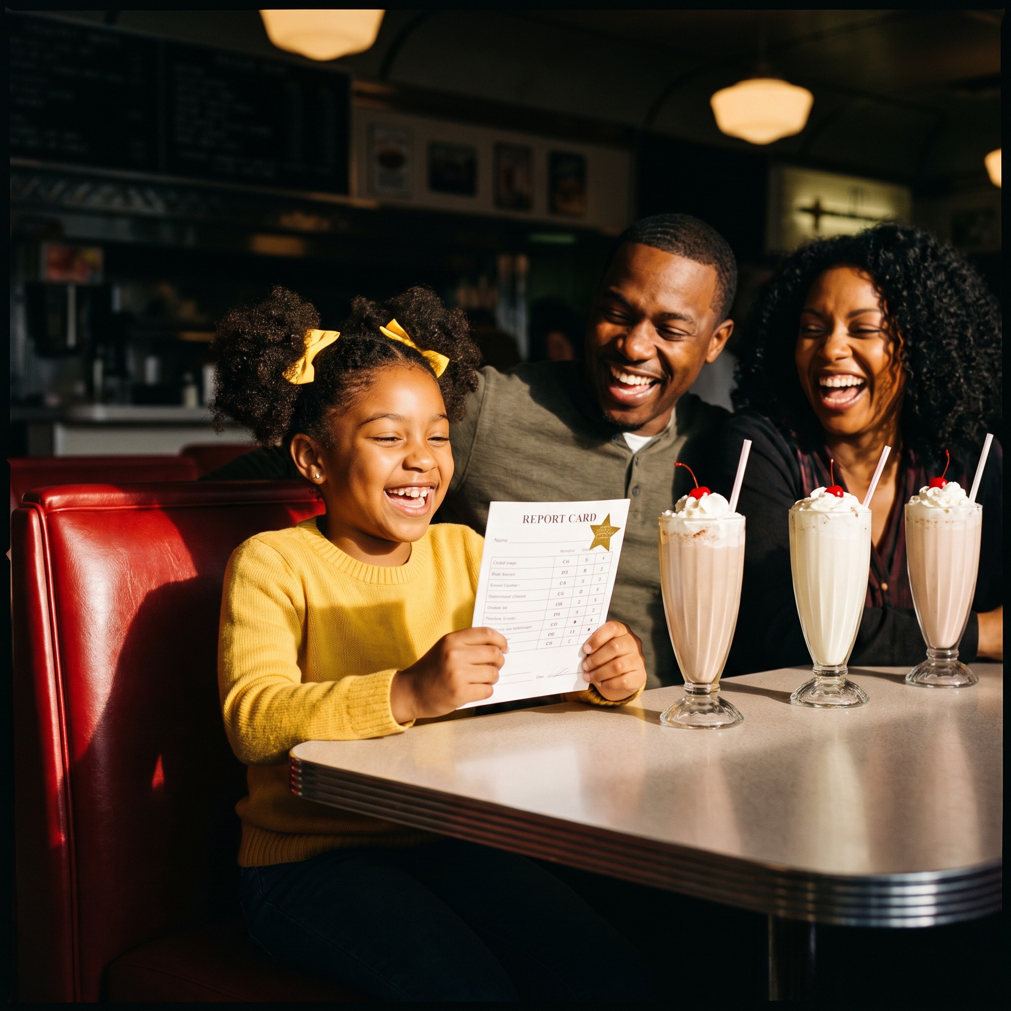 Sally shows her report card in a diner booth with her parents