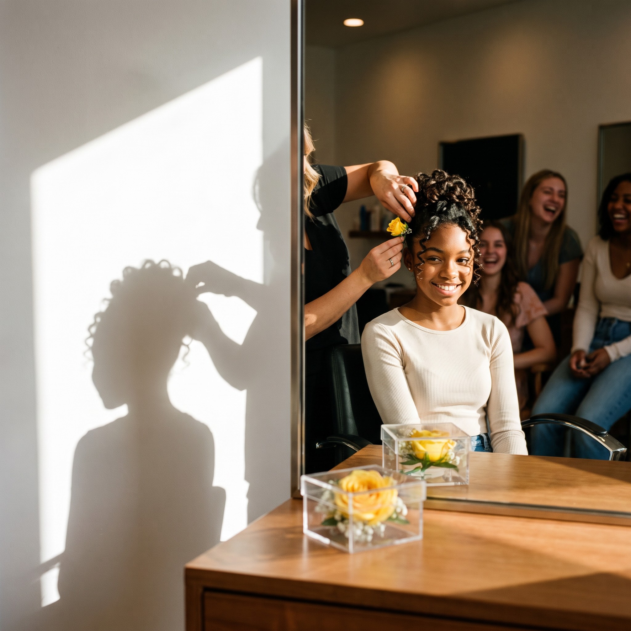 Sally gets her hair done at the salon on prom afternoon