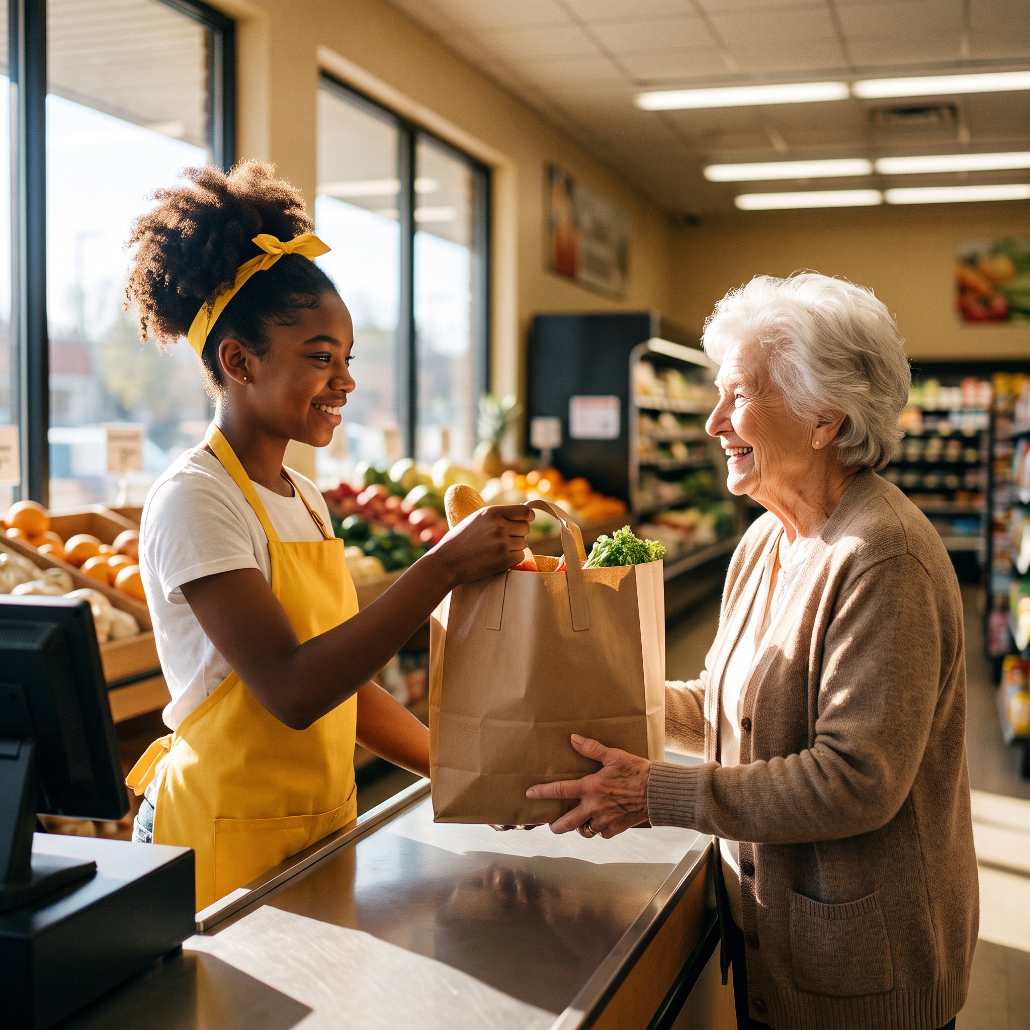 Fifteen-year-old Sally bags groceries at her first job
