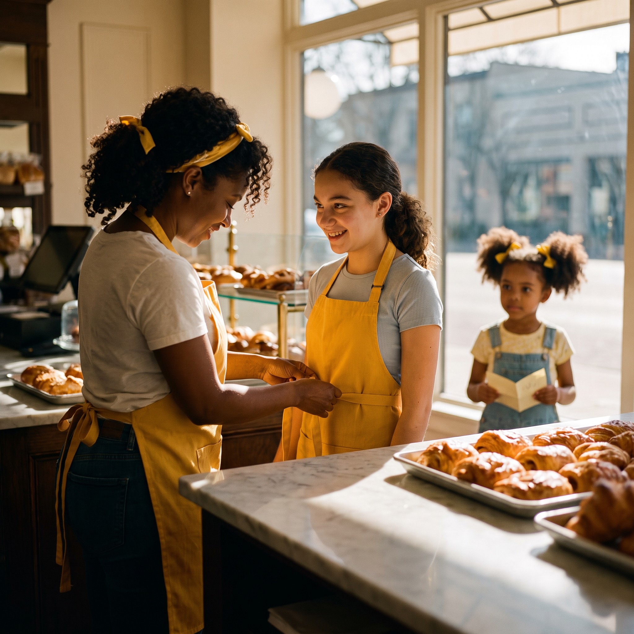Sally ties an apron on her first hire while a little girl walks by with a note