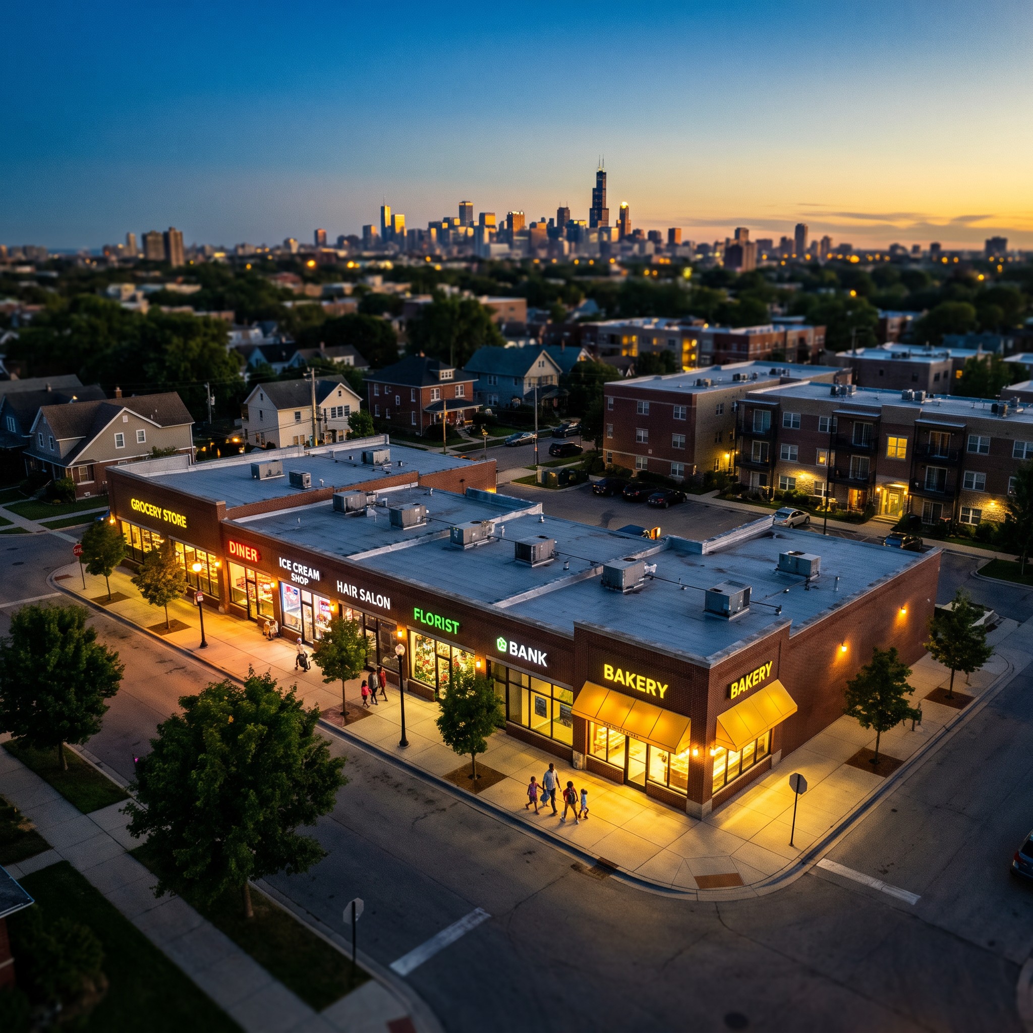 A neighborhood shopping center glowing at dusk with the city skyline behind it
