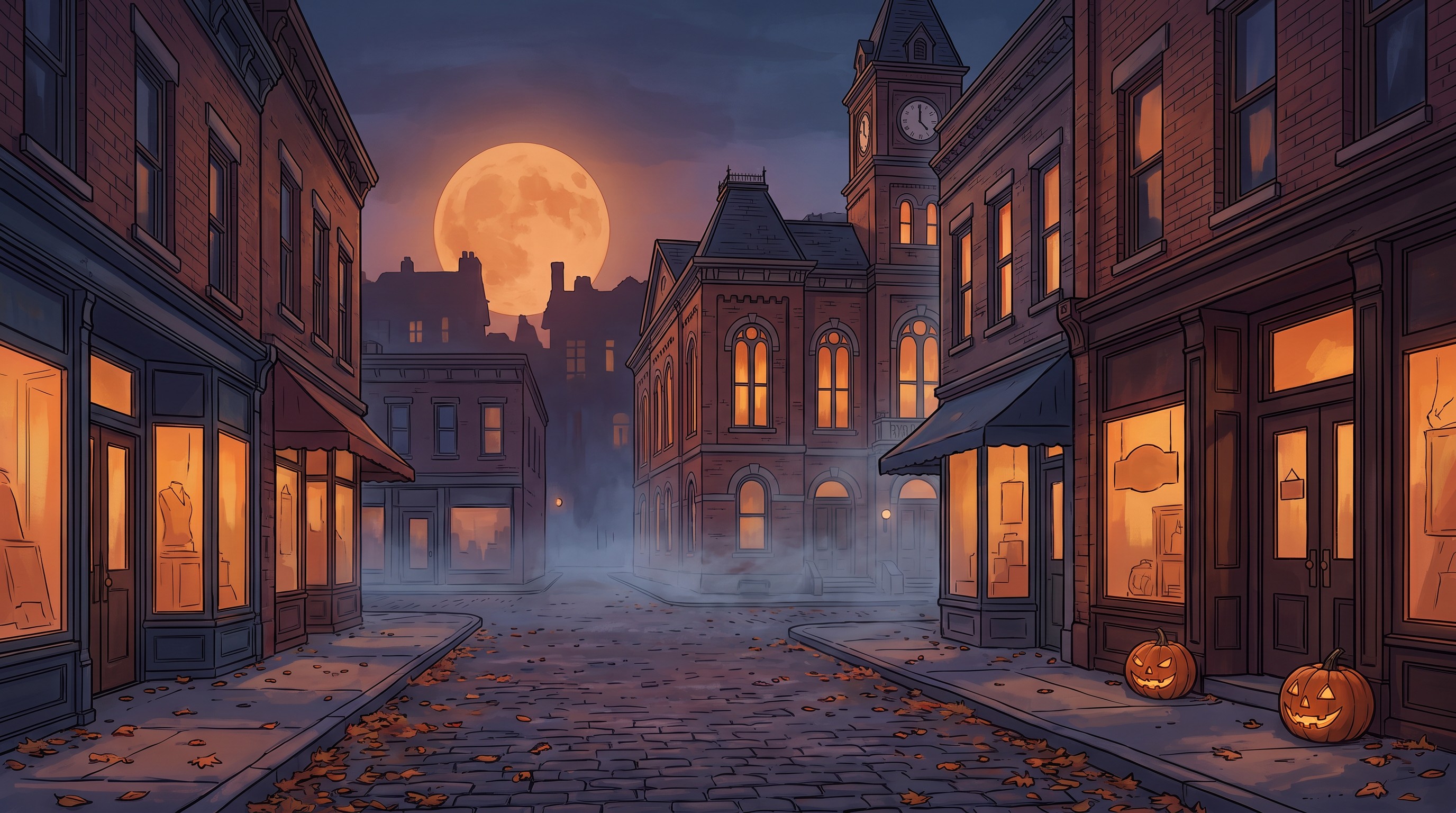 Illustration of a historic Midwest main street at dusk with glowing shop windows and pumpkins