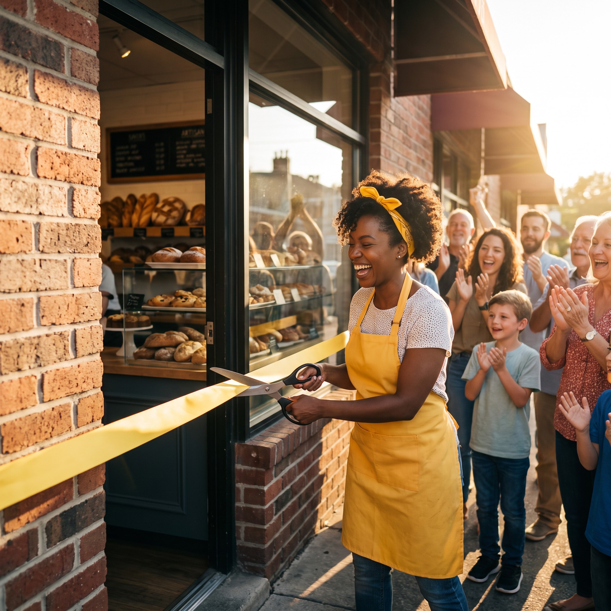 Sally cuts the ribbon at her bakery as neighbors cheer