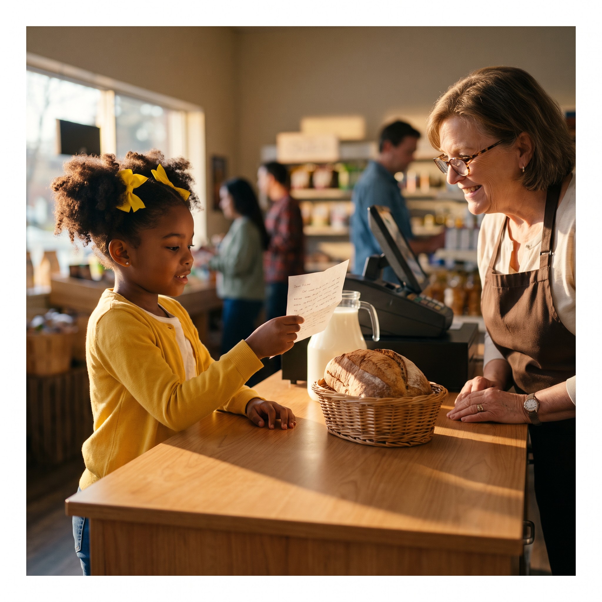 Seven-year-old Sally hands the grocery cashier a note from her mom