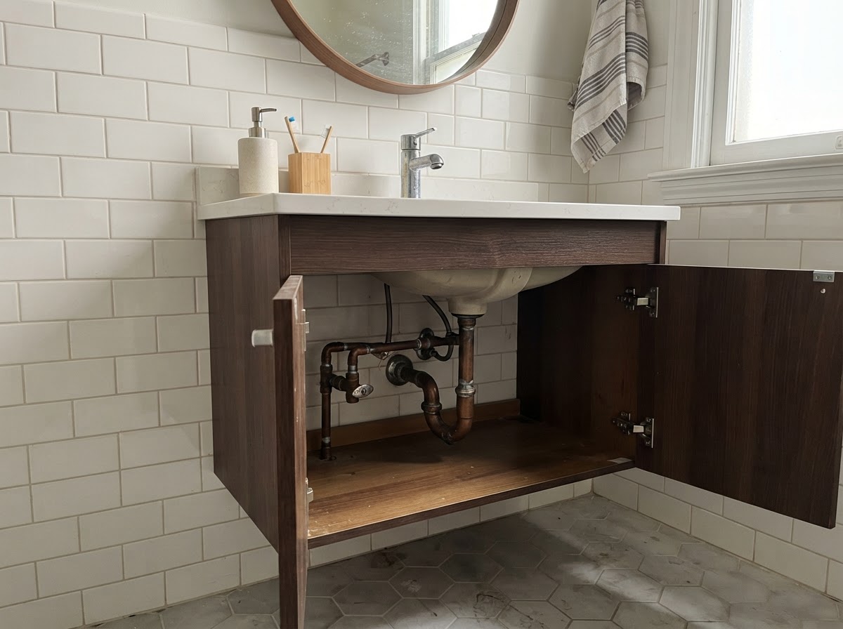 Modern residential bathroom vanity with chrome faucet and exposed copper plumbing