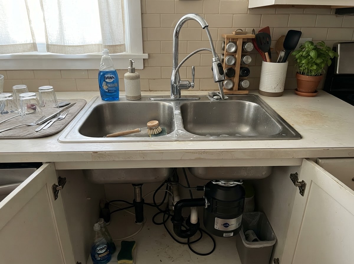 Stainless kitchen sink with pull-down faucet and disposal