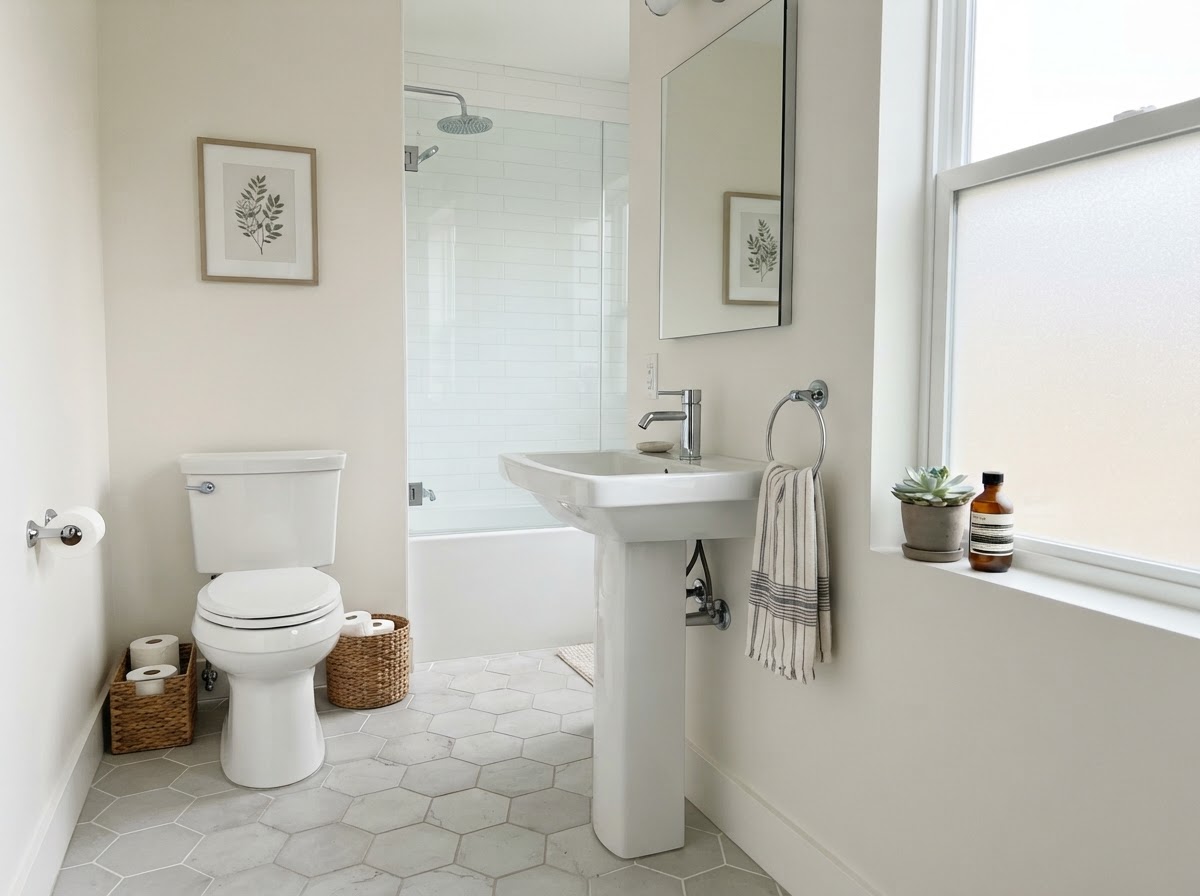 Bathroom with white toilet and pedestal sink