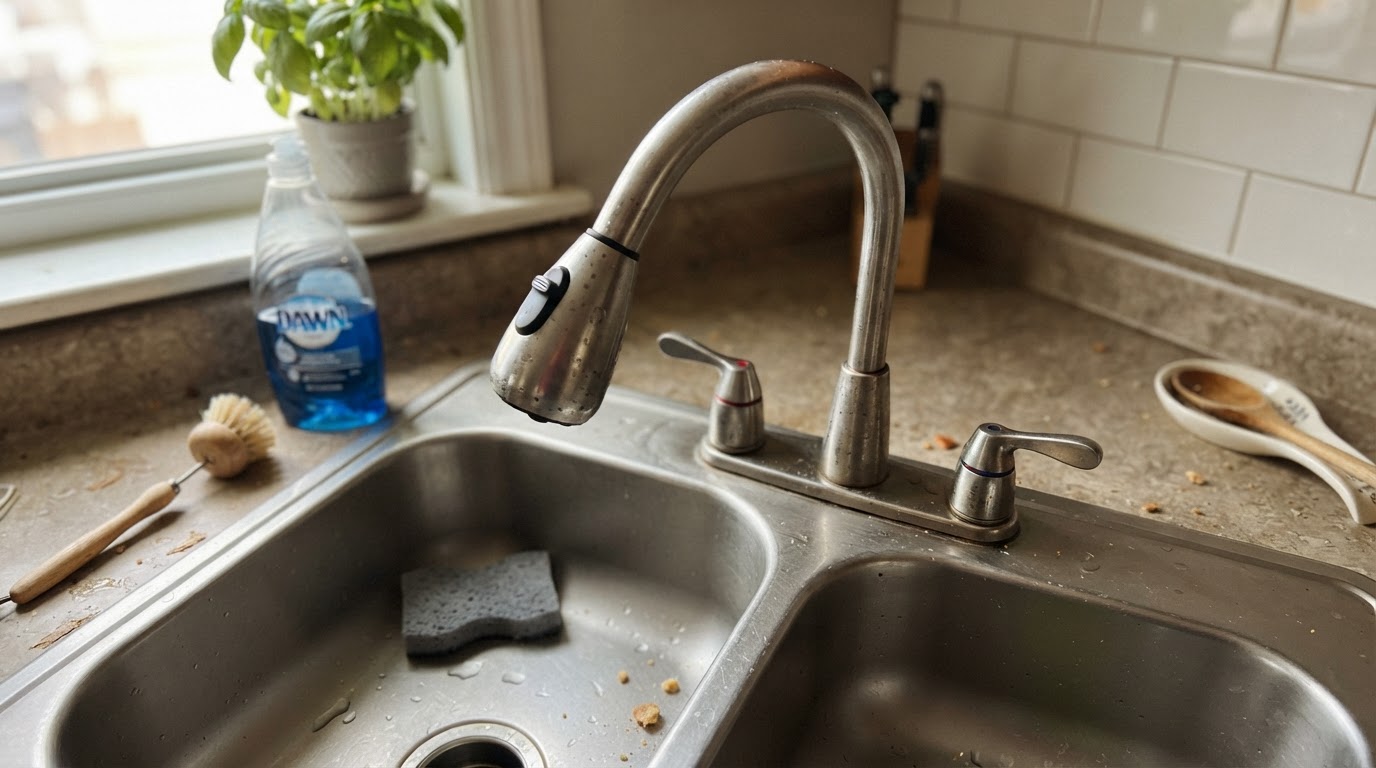 Kitchen faucet and sink with sprayer and handles