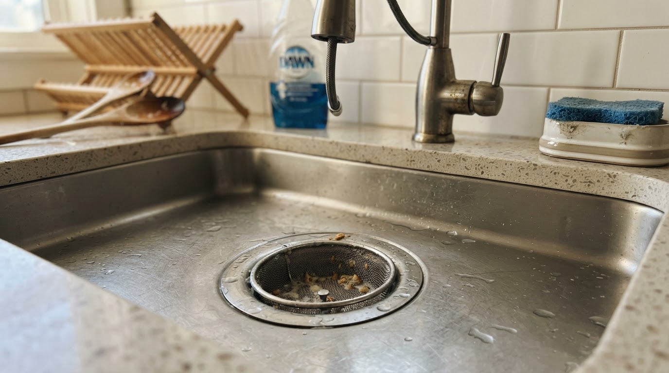 Kitchen sink drain and strainer basket in a residential counter
