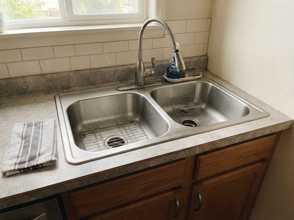 Stainless steel kitchen sink with drain and strainer