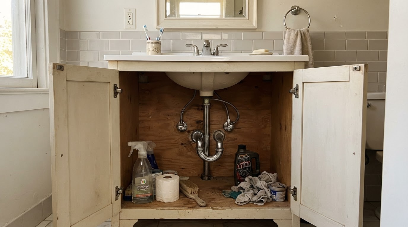 Bathroom vanity with sink, faucet, and exposed plumbing under the counter