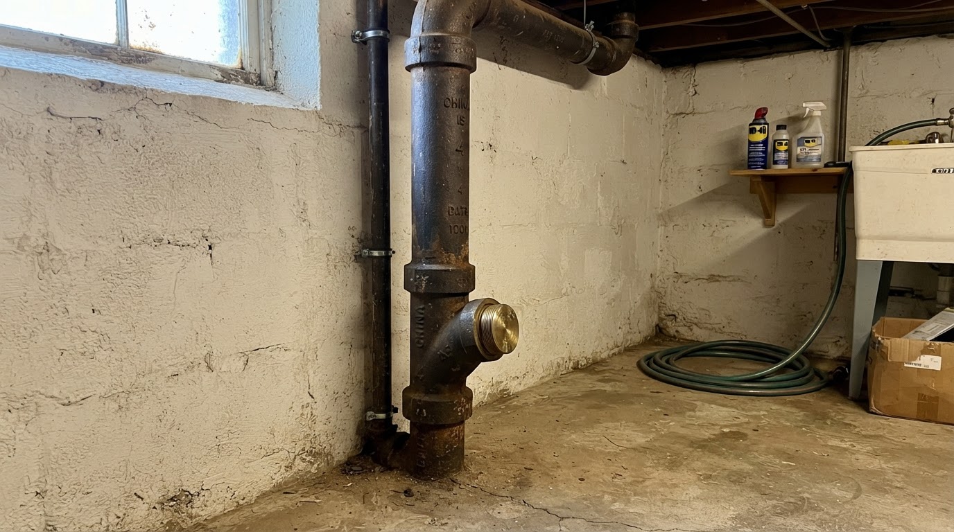 Clean-out access and cast-iron waste line in a basement utility area