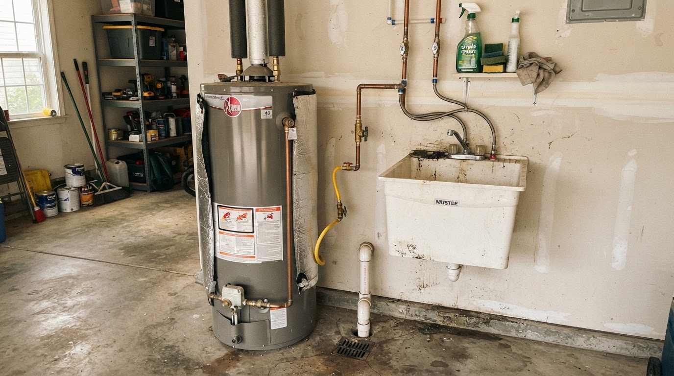Residential water heater and utility sink in a garage