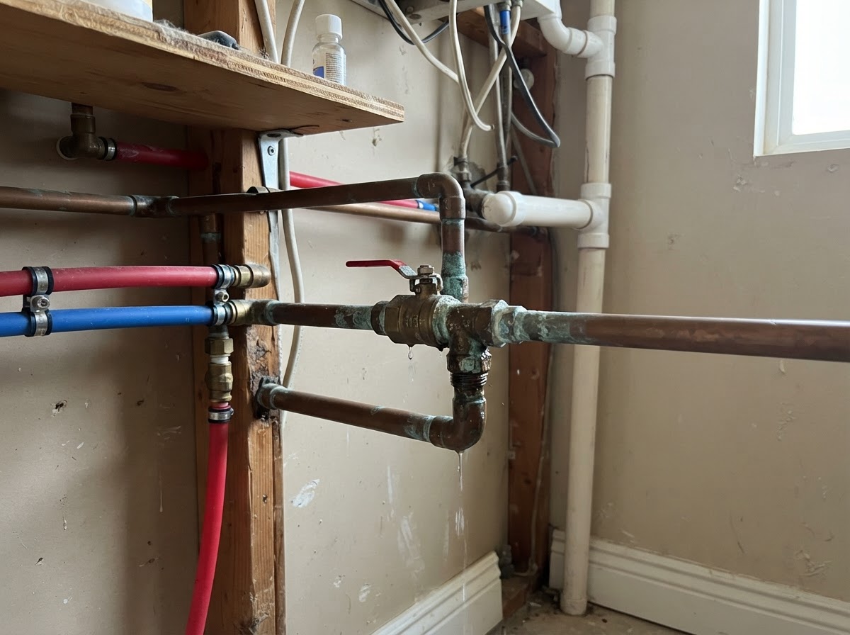 Copper plumbing pipes and fittings along an interior wall