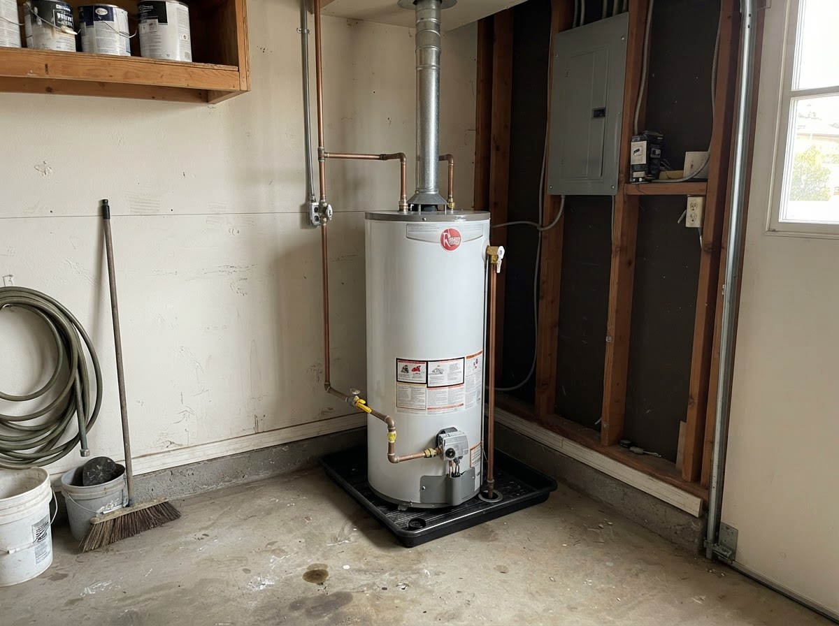 Gas water heater with supply lines and relief valve in a garage