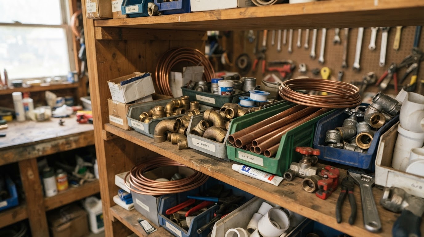 Plumbing pipes, fittings, and valves arranged on a shelf