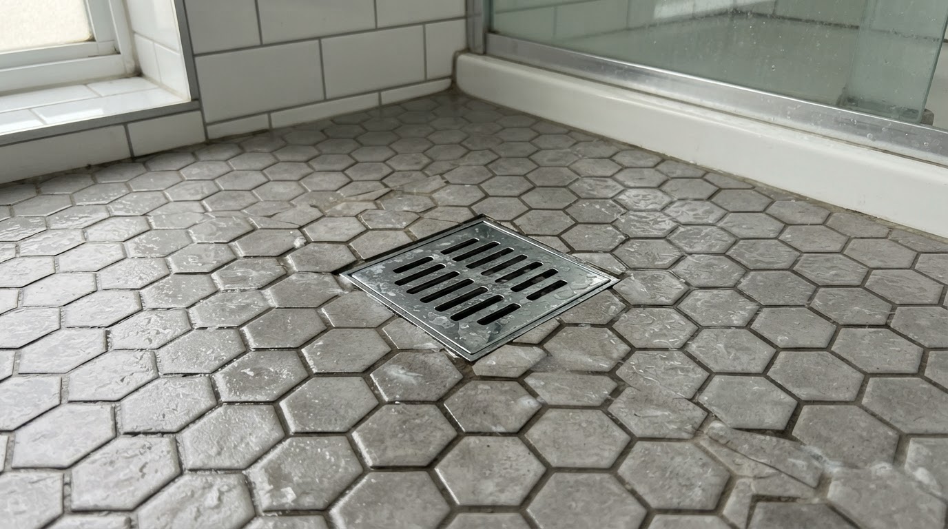 Shower drain with chrome grate in a tile floor