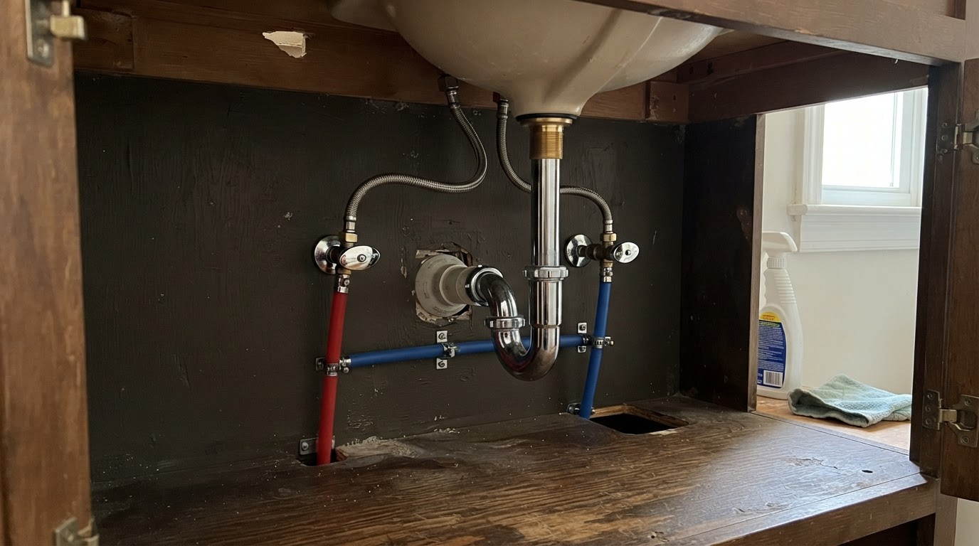 Completed under-sink plumbing with PEX supply lines and shutoff valves