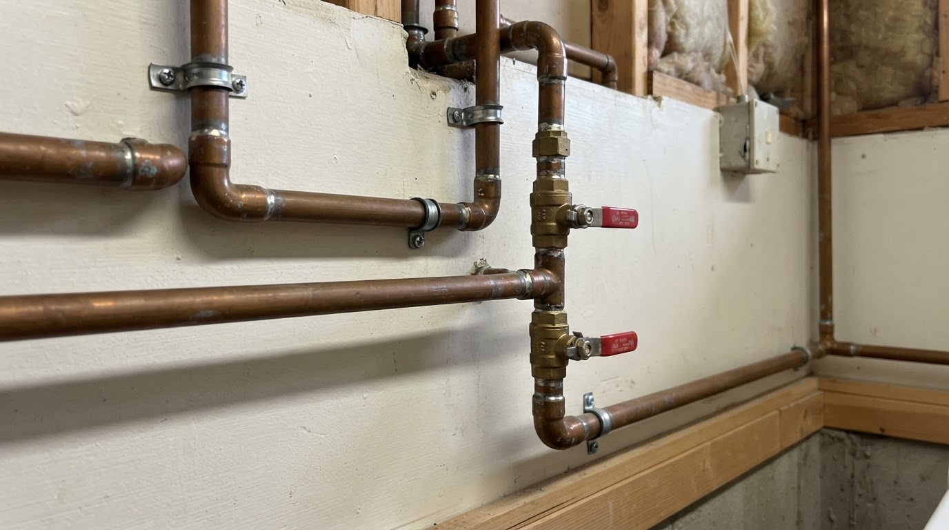 Copper supply lines and shutoff valves along a basement wall