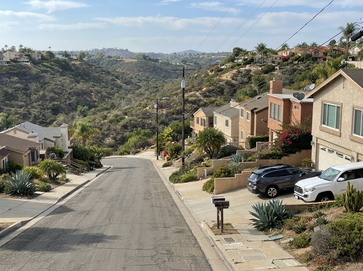 Residential neighborhood street in Del Cerro, San Diego, CA