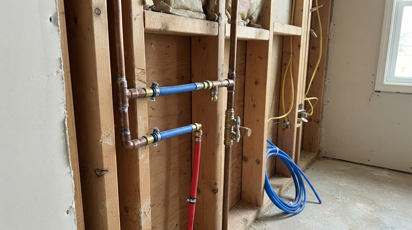 New copper and PEX supply lines installed in a remodeled utility room