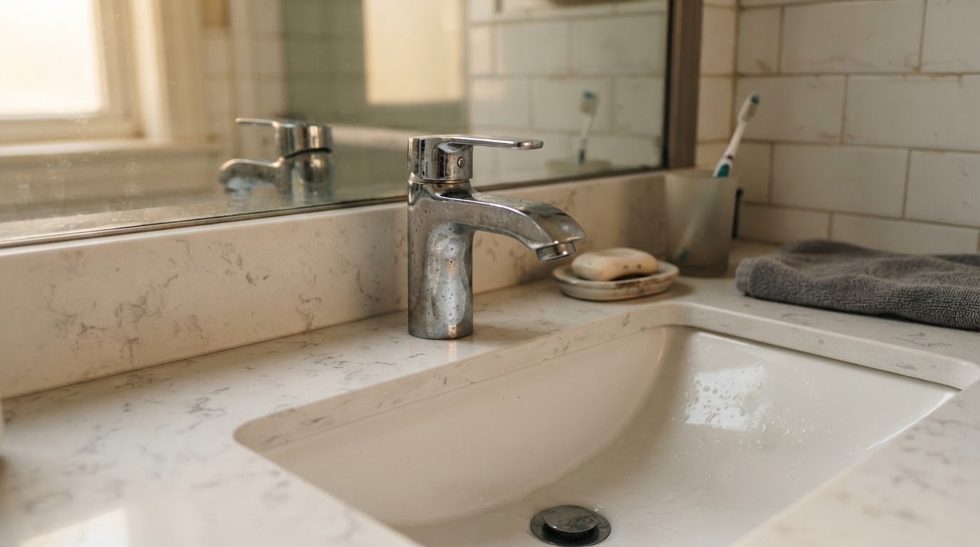 Modern bathroom faucet with lever handle above a vanity sink