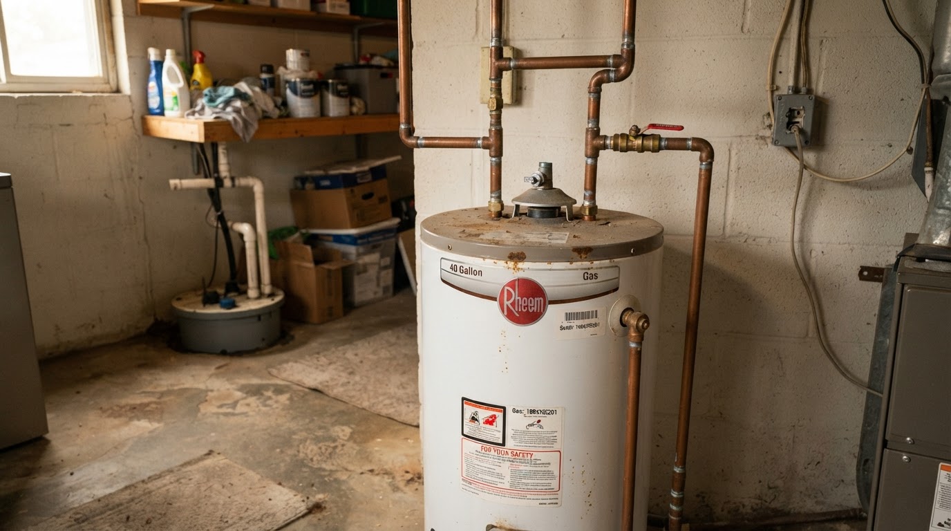 Utility room with a water shutoff valve and meter near the wall