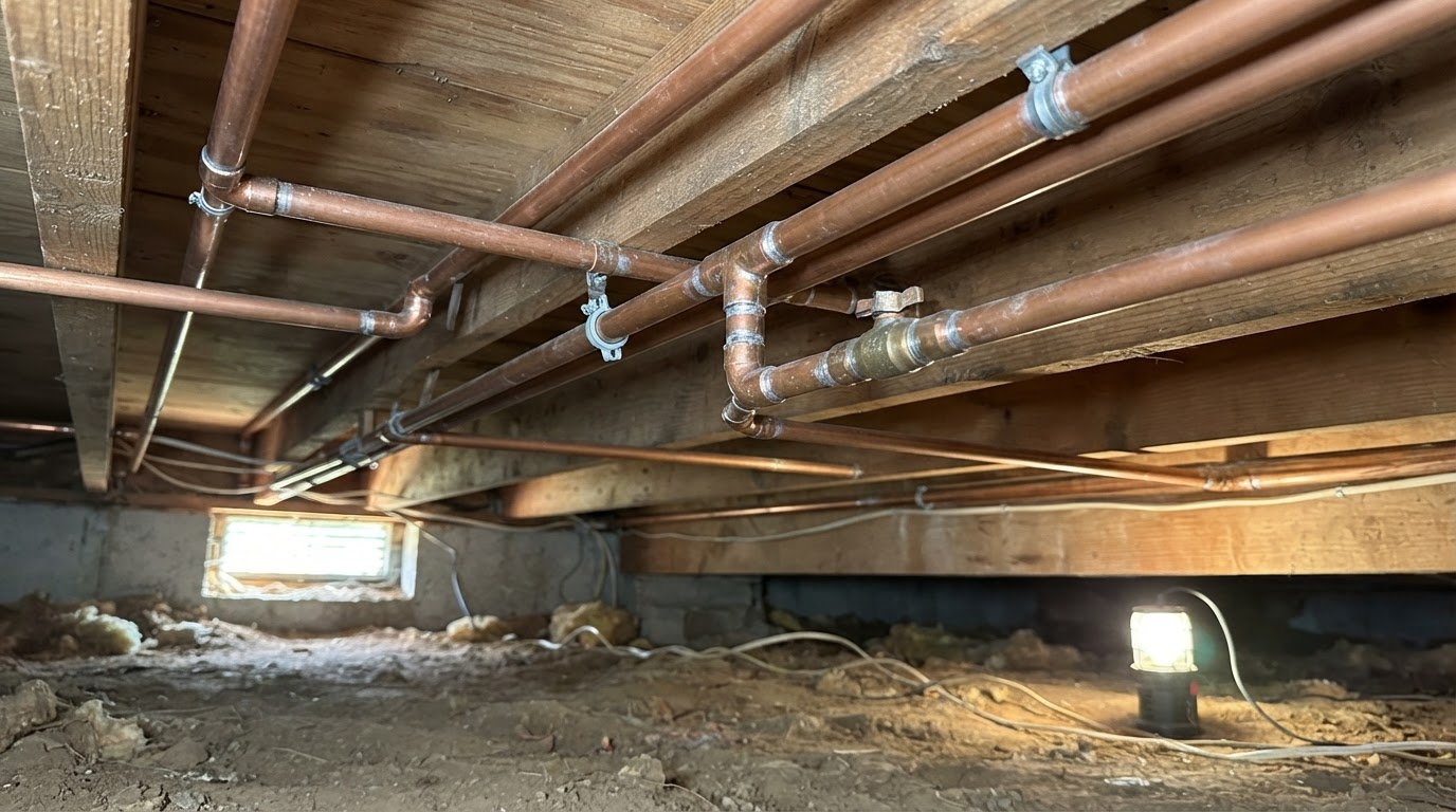Copper pipe installation running along ceiling joists