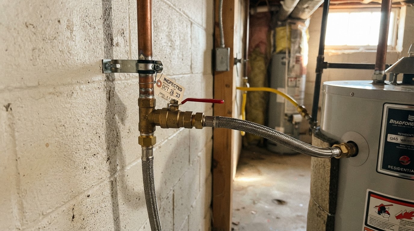 Shutoff valve and supply line in a utility area ready for inspection