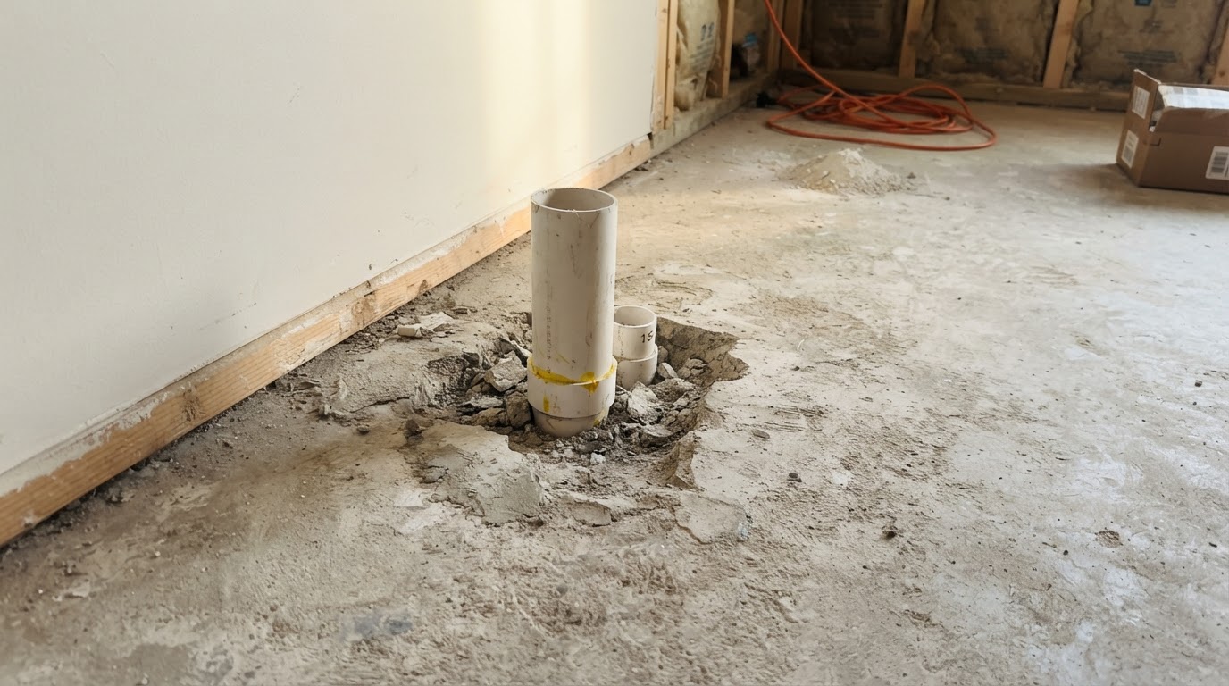 Concrete floor with visible plumbing penetration near a wall