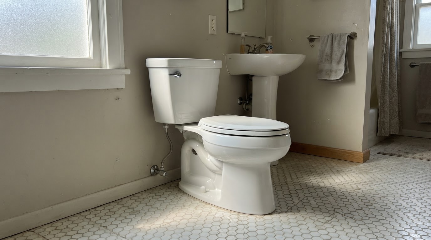 White toilet in a residential bathroom with tile floor