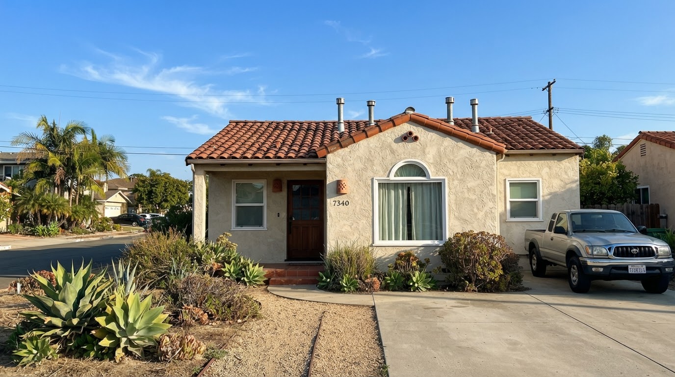 Residential home in San Diego with visible roof plumbing vents