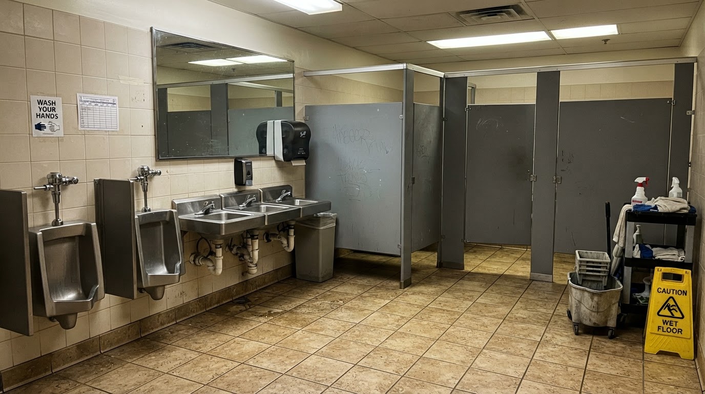 Commercial restroom with multiple fixtures and partitioned stalls