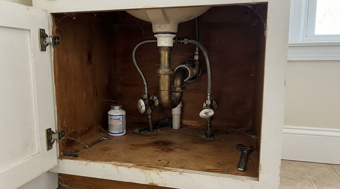 Brass fittings and supply line connections under a bathroom sink