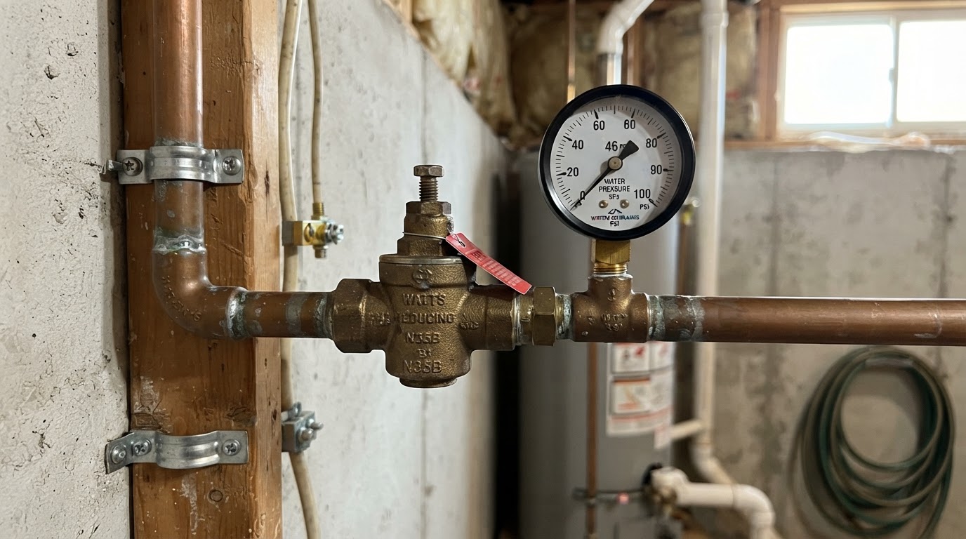 Pressure gauge and regulator on a main water supply line