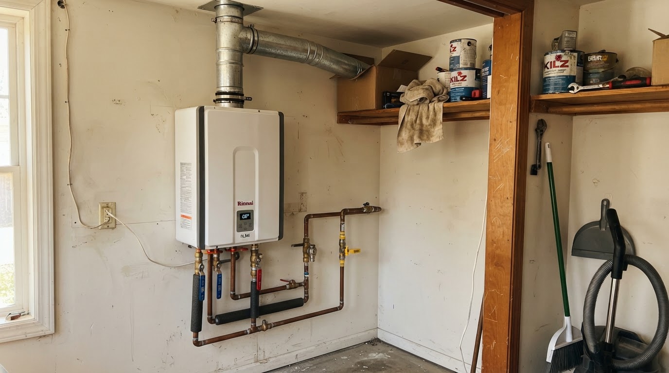 Wall-mounted tankless water heater with copper connections
