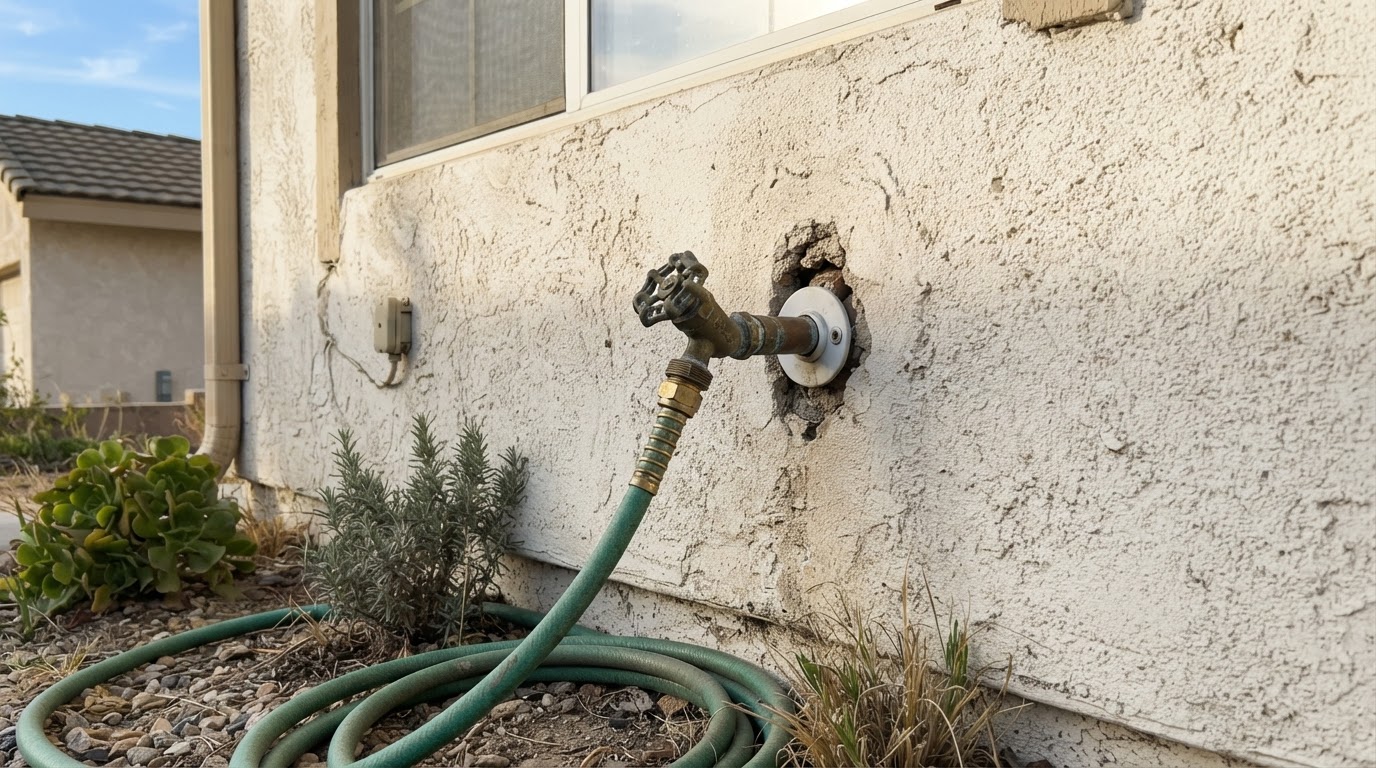 Outdoor hose bib on a stucco wall