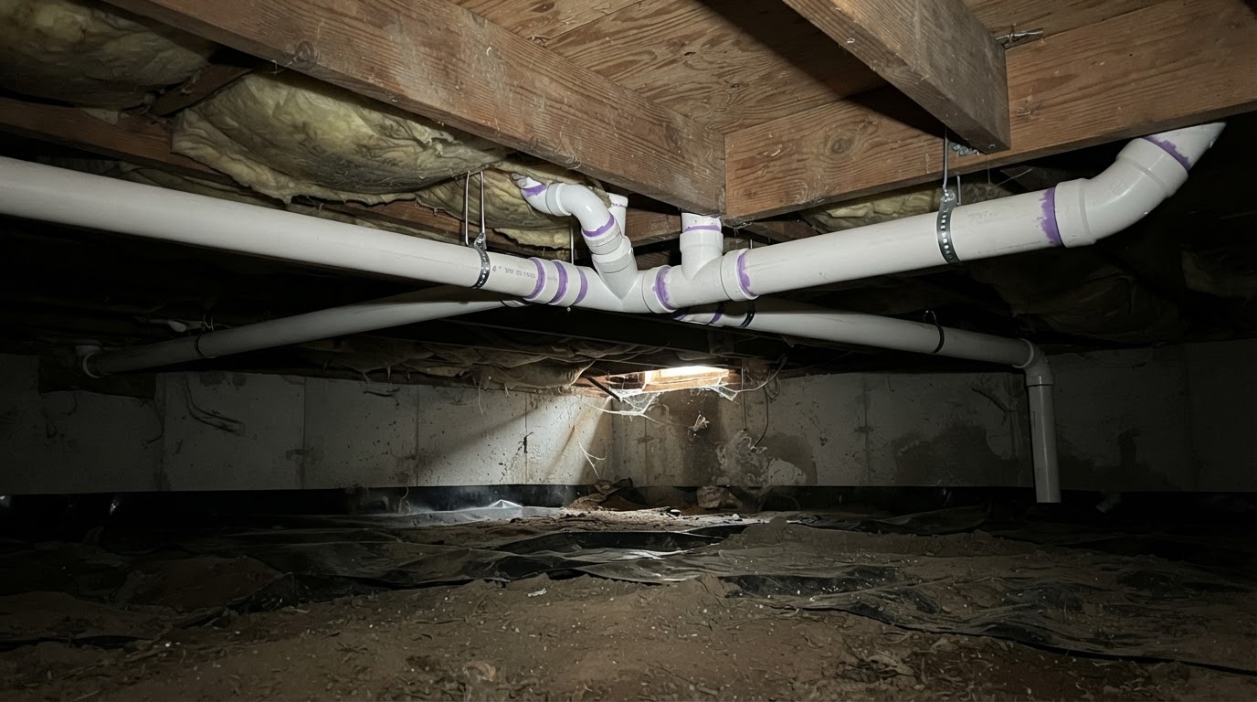 New PVC waste line installed under a crawlspace