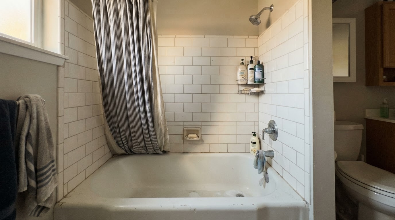 Bathtub with showerhead, diverter, and tile surround in a bathroom