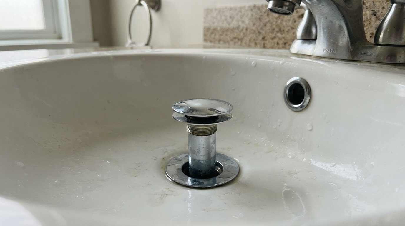 Bathroom sink drain pop-up assembly and overflow opening