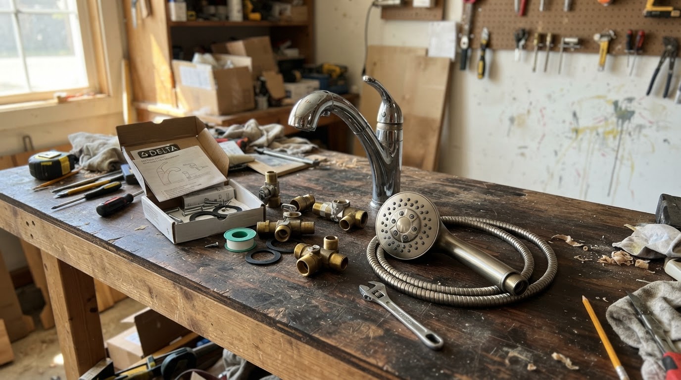 Assortment of plumbing fixtures including faucet and showerhead