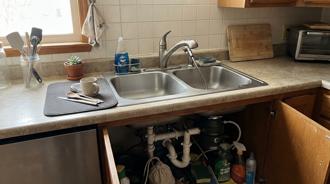 Kitchen sink area with faucet, sprayer, and drain plumbing in a residential kitchen