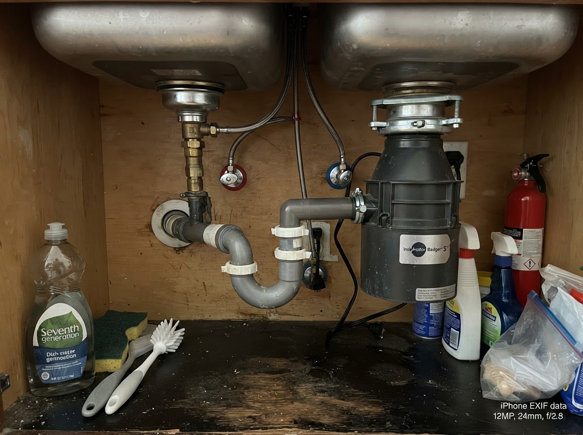 Kitchen sink drain and supply lines under a cabinet in a San Diego home
