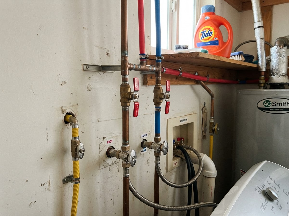 Under-sink plumbing connections and shutoff valves in a San Diego home